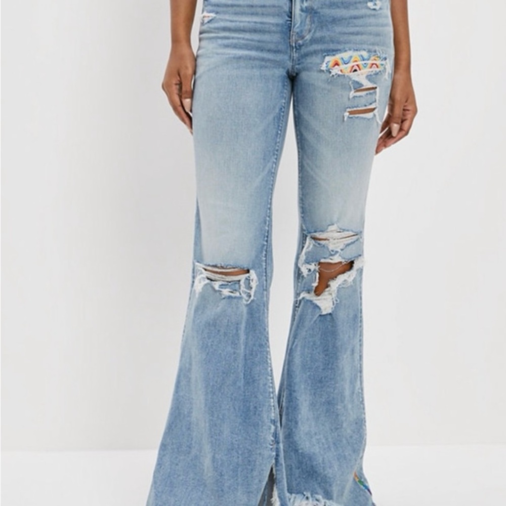 American Eagle high rise super stretch pride festival flare embroidered jeans